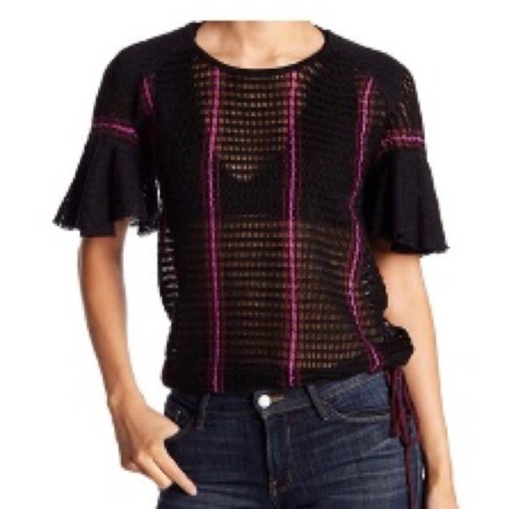 Free People Babes Only Striped Sweater Top Size Small Black Ruffled Mesh Knit